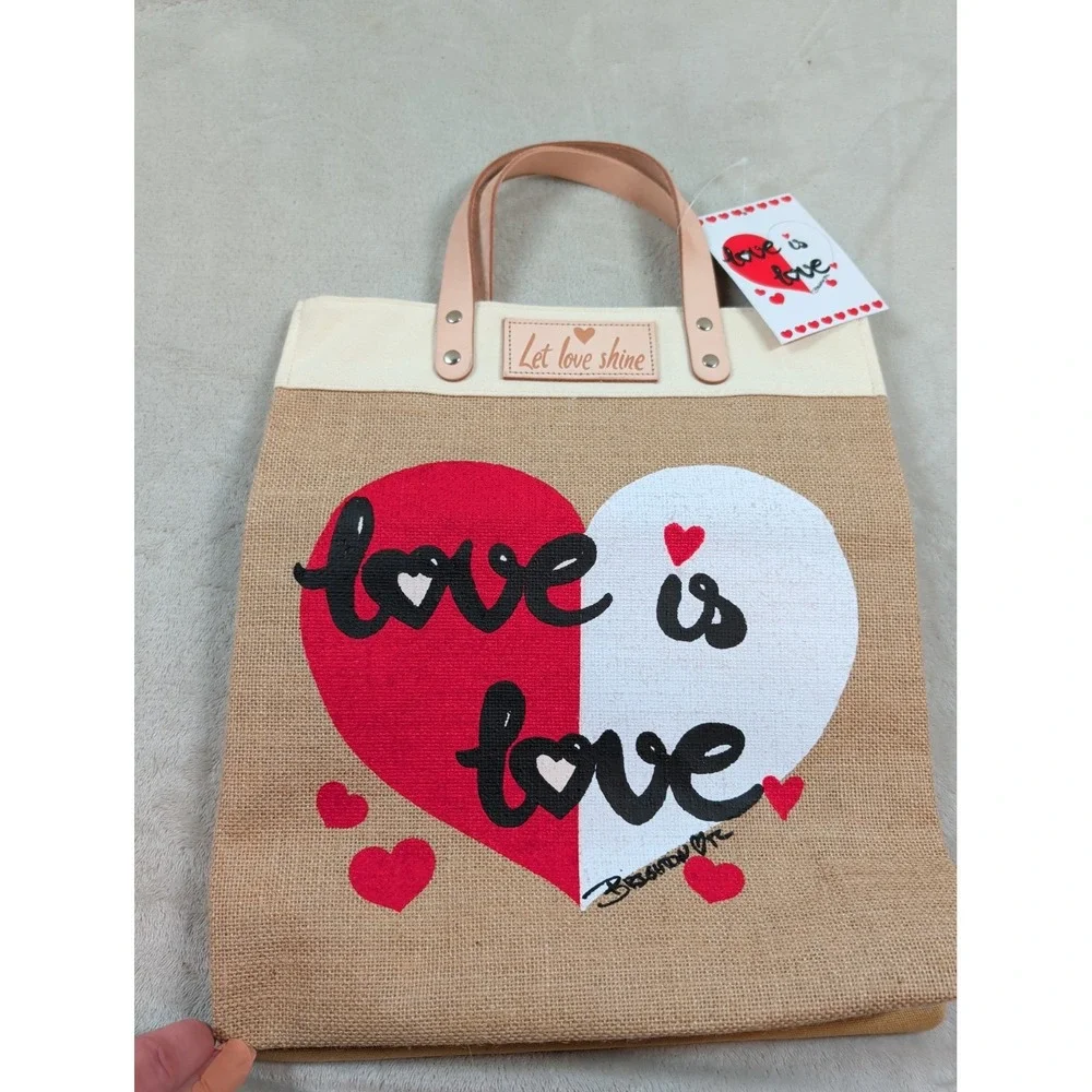 Brighton Love Is Love Jute Tote Bag Let Love Shine Hearts‎ Tan Cream NWT